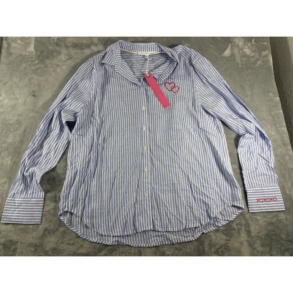 Jane + Delancey Blue White Striped Heart Embroidered Button Down Shirt NWT M